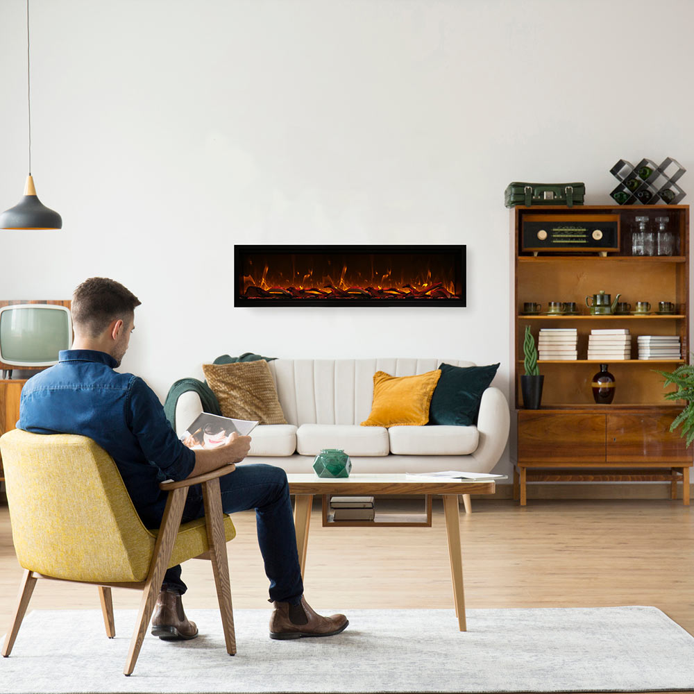 Built-in electric fireplace with red-orange flame effect and narrow black surround