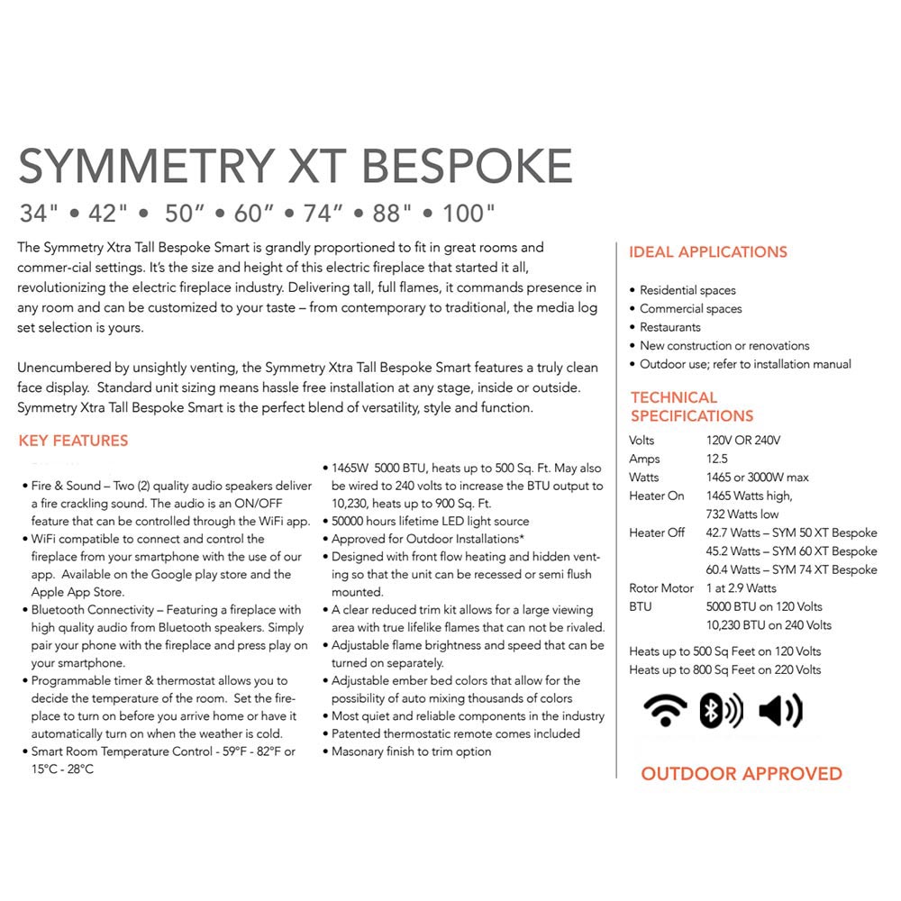 Electric fireplace brochure page with technical specifications and warranty info