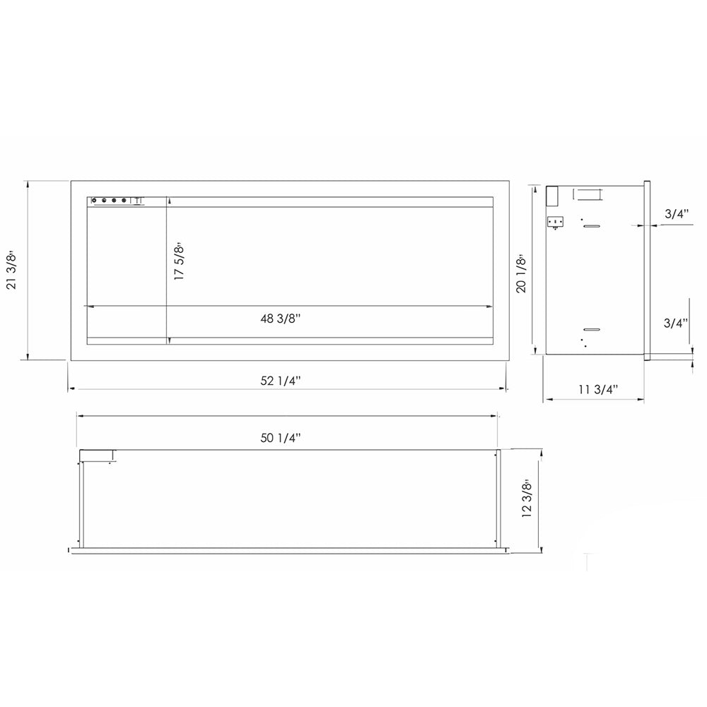 Electric fireplace dimension diagram with labeled measurements and side view