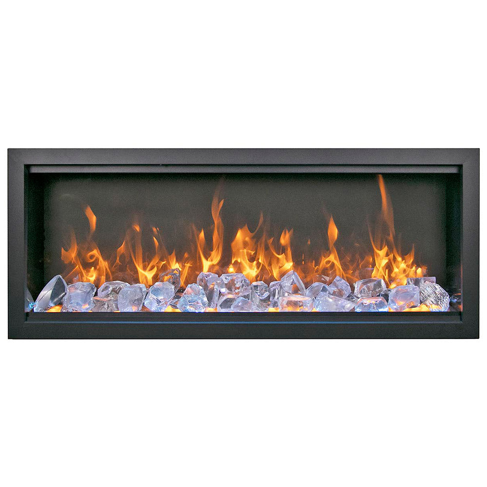 Built-in electric fireplace with ice crystals and orange flame effect