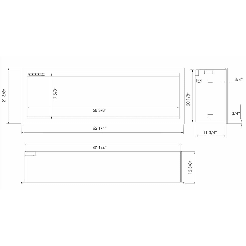 Electric fireplace installation dimensions diagram with front frame outline and measurements