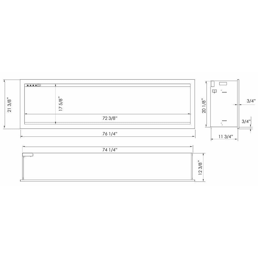 Electric fireplace dimensions diagram with front and side measurements for the built-in frame