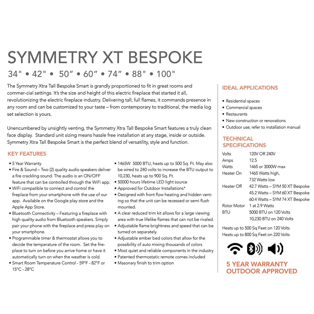 Symmetry XT Bespoke smart electric fireplace spec sheet page with key features and warranty