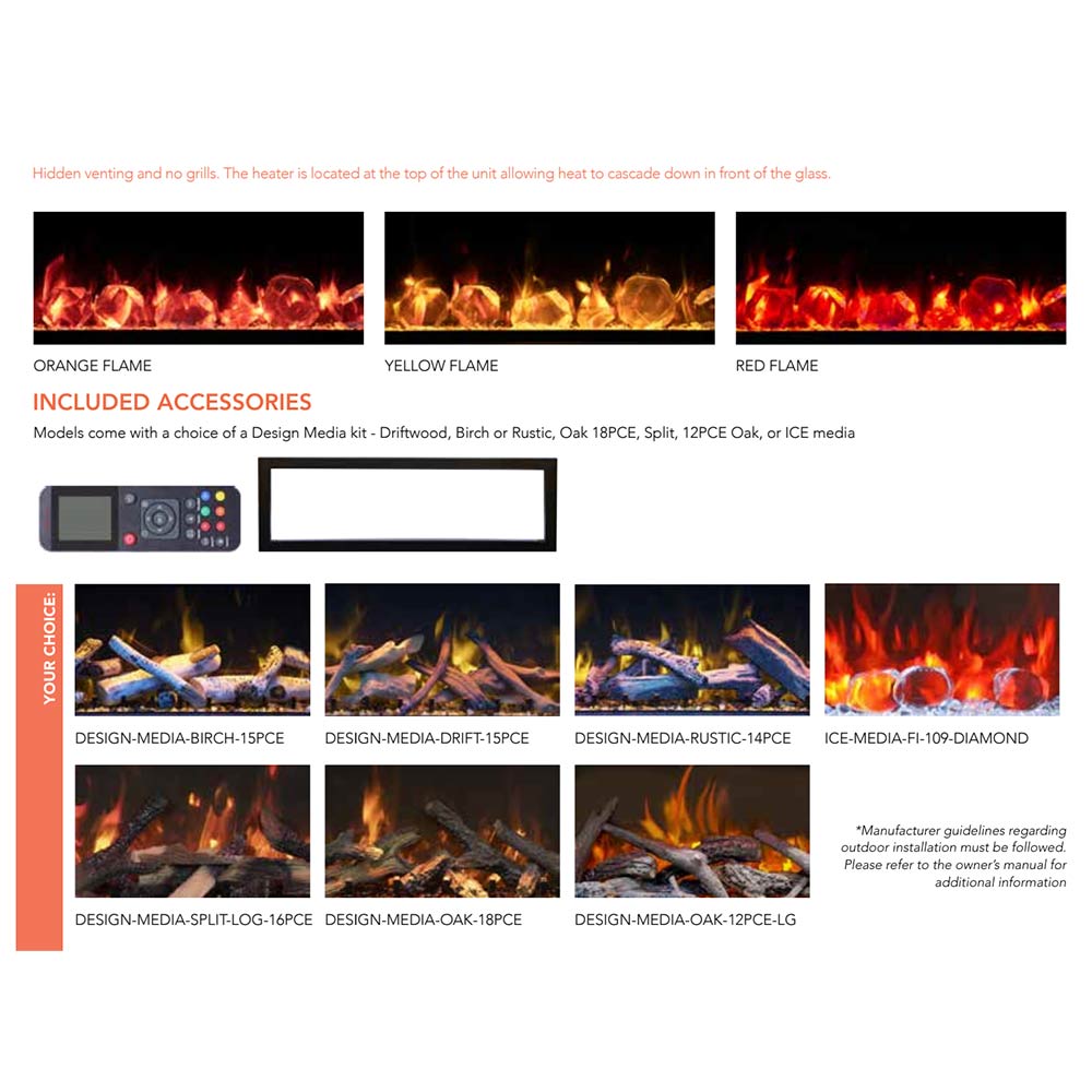Flame color options and included media accessories chart for Symmetry XT Bespoke smart fireplace