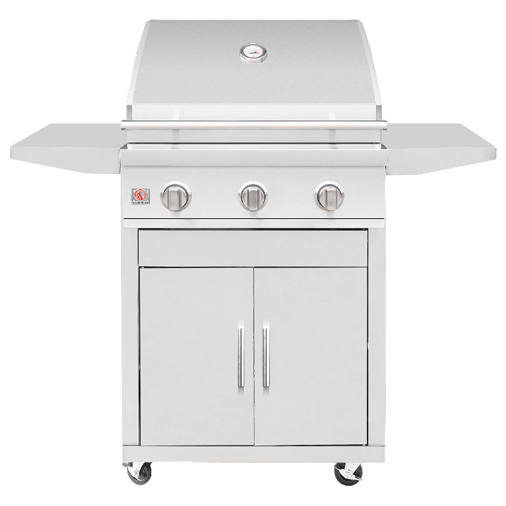 Freestanding gas grill with stainless steel hood, front controls, and cabinet doors