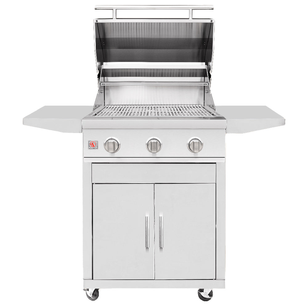 Freestanding stainless gas grill with open lid, cooking grates, and control panel