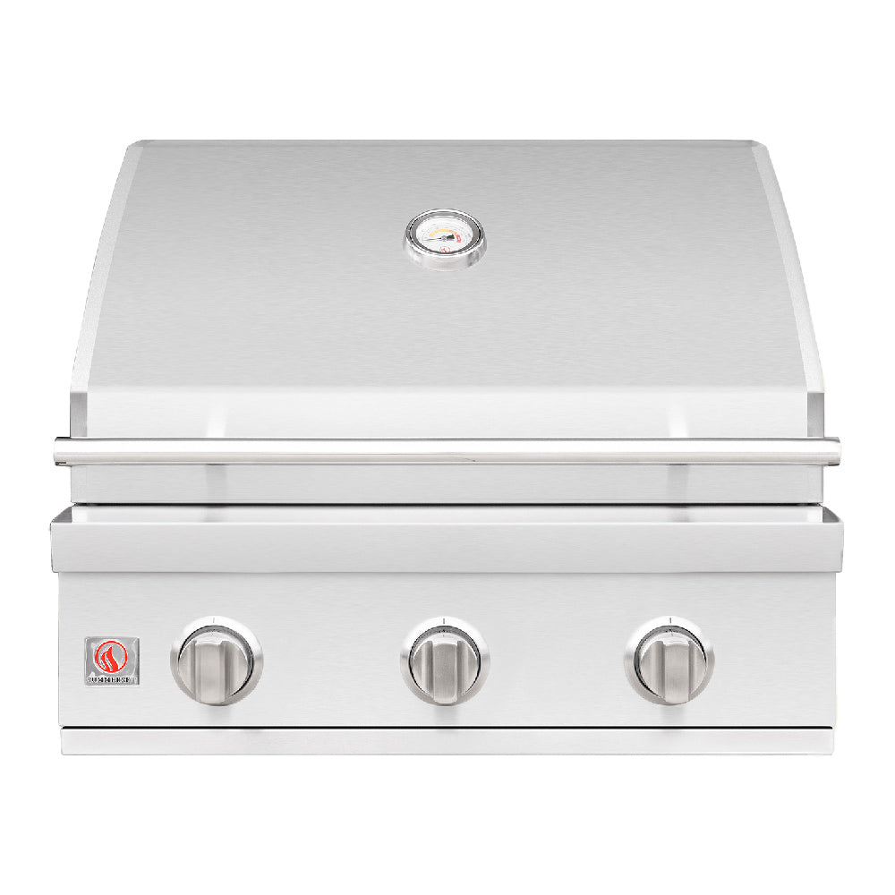 Stainless gas grill front with lid and three control knobs