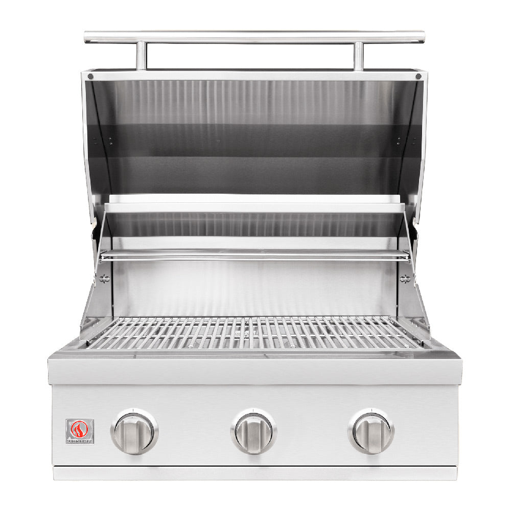 Stainless gas grill with open lid, cooking grates and burner housing