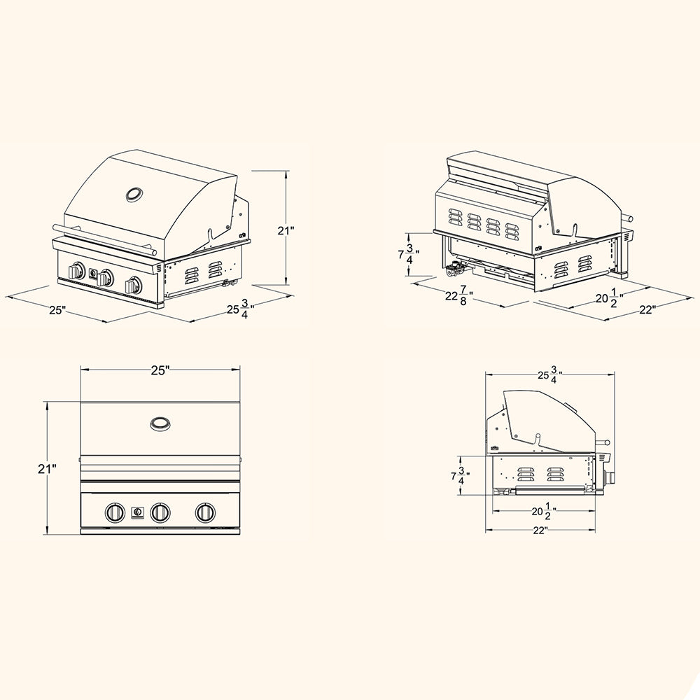 Gas grill dimension diagram with front, side, and top measurements