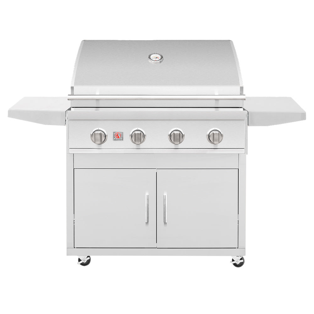 Stainless steel freestanding gas grill with hood and four control knobs