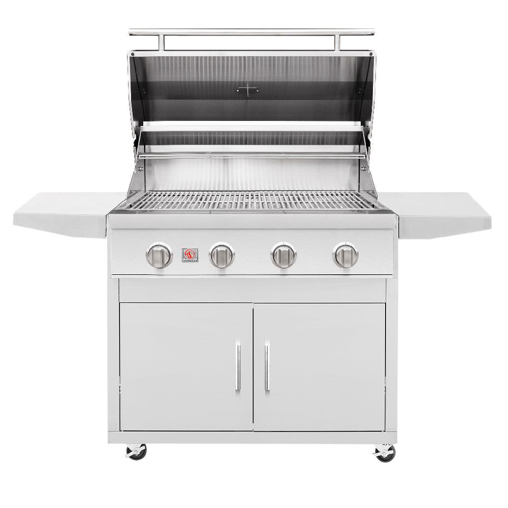 Stainless steel freestanding gas grill with open lid, burners and cooking grates
