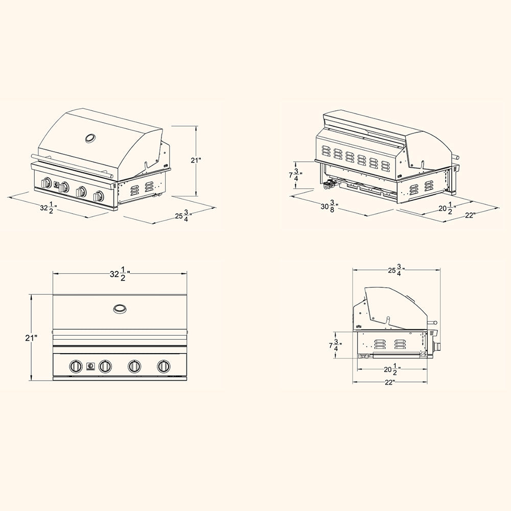 Built-in gas grill dimensions diagram with front, side, and top measurements