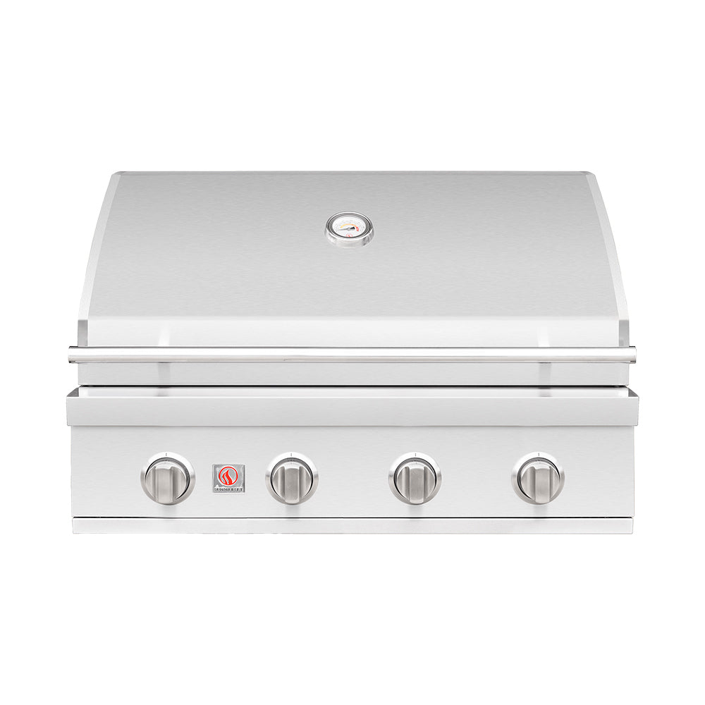 Summerset built-in gas grill with four control knobs and lid handle, stainless steel