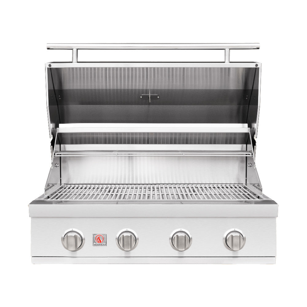 Built-in gas grill with open lid, cooking grates, and stainless steel burners visible