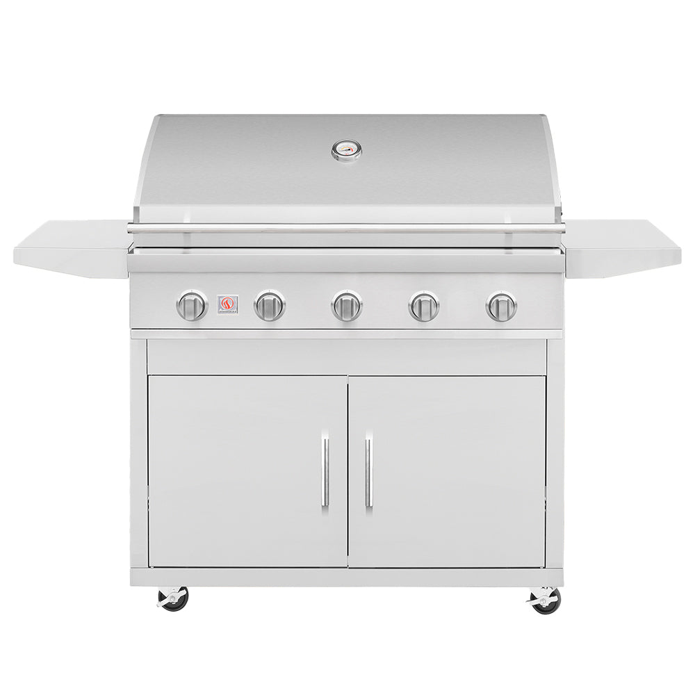 Stainless steel freestanding gas grill with two doors and control knobs