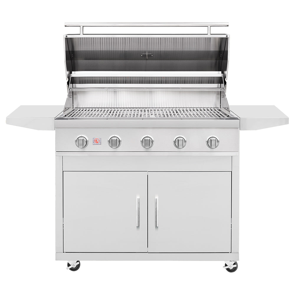 Open stainless steel gas grill with warming rack, grates, and control knobs