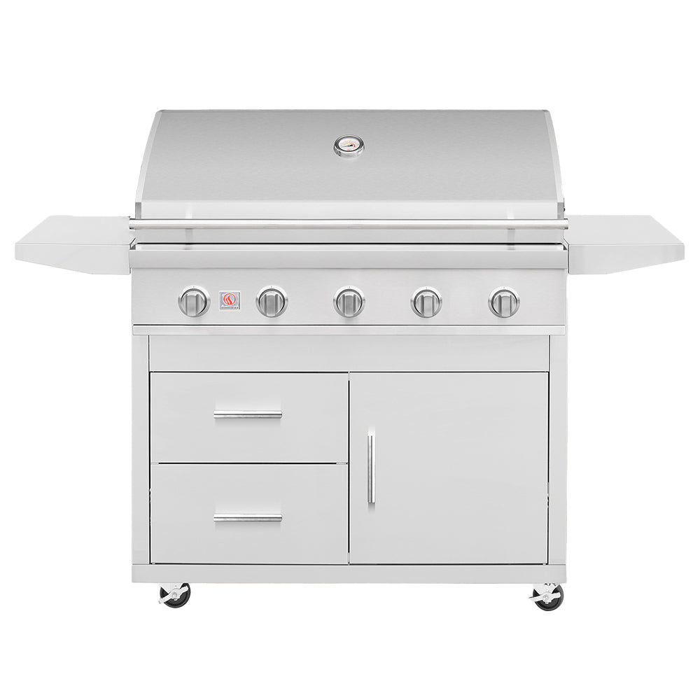 Freestanding stainless-steel gas grill with side shelves and cart base, front view