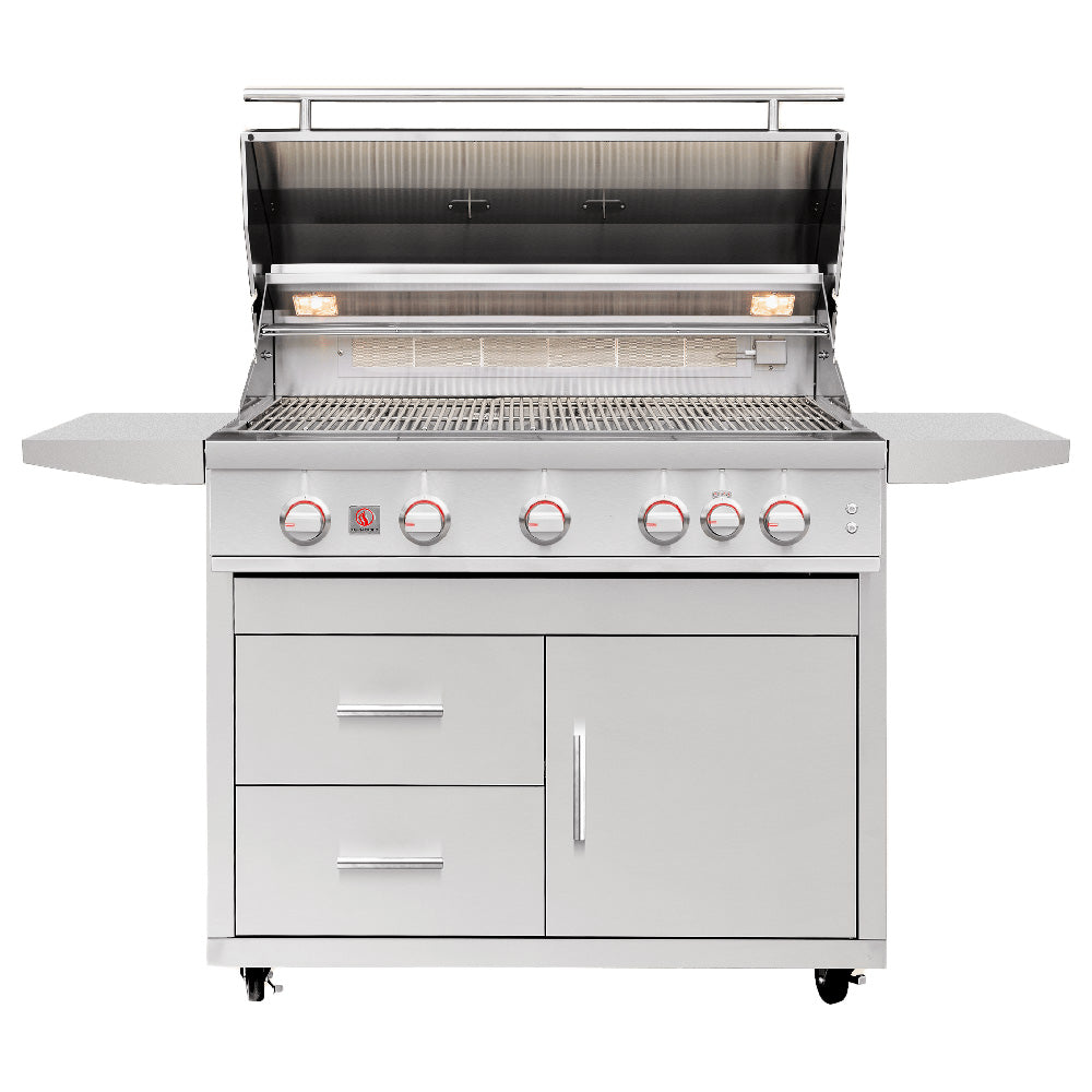 Freestanding gas grill with open lid showing burners and control knobs on cart