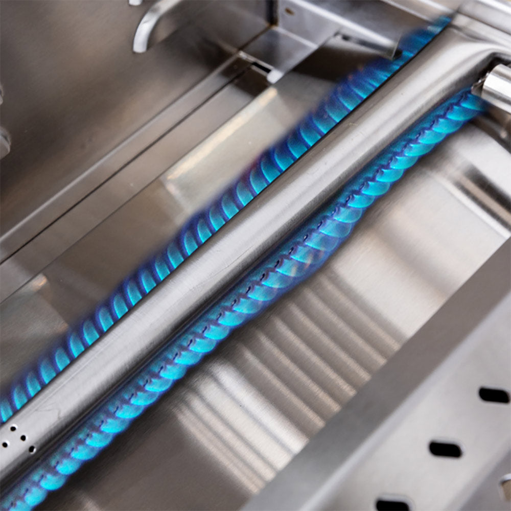 Gas grill burner tube with blue flame and stainless burner area