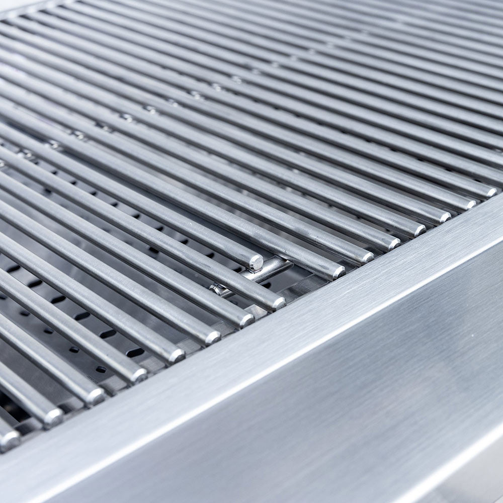 Stainless steel grill grates with support rails and burner openings