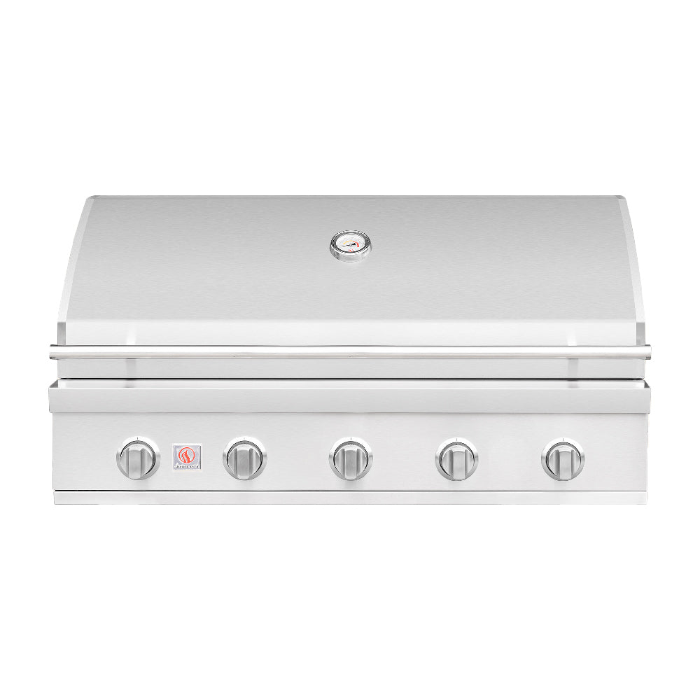 Built-in stainless gas grill with lid closed and control knobs on the front panel