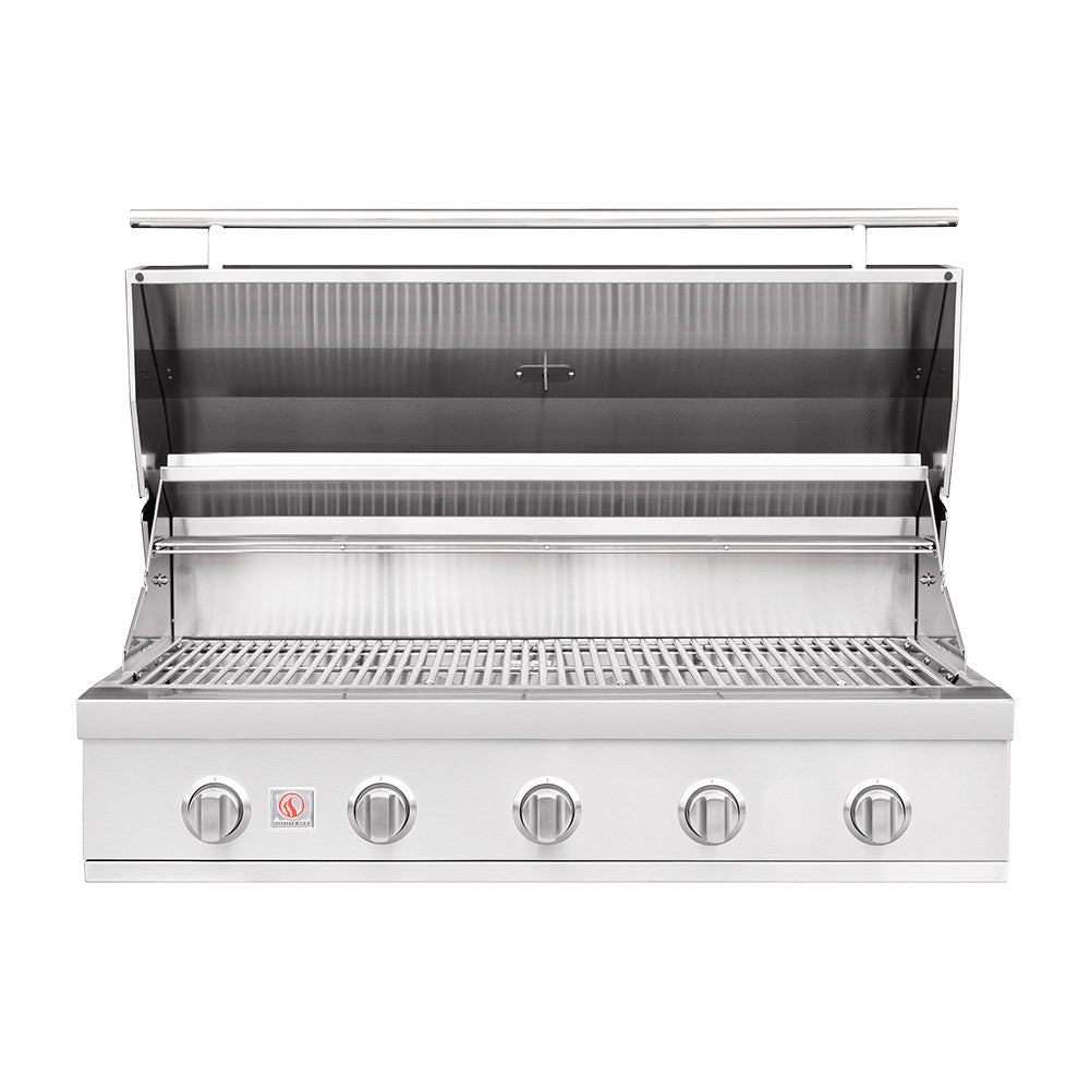 Built-in stainless gas grill with lid open, showing cooking grates and interior burners