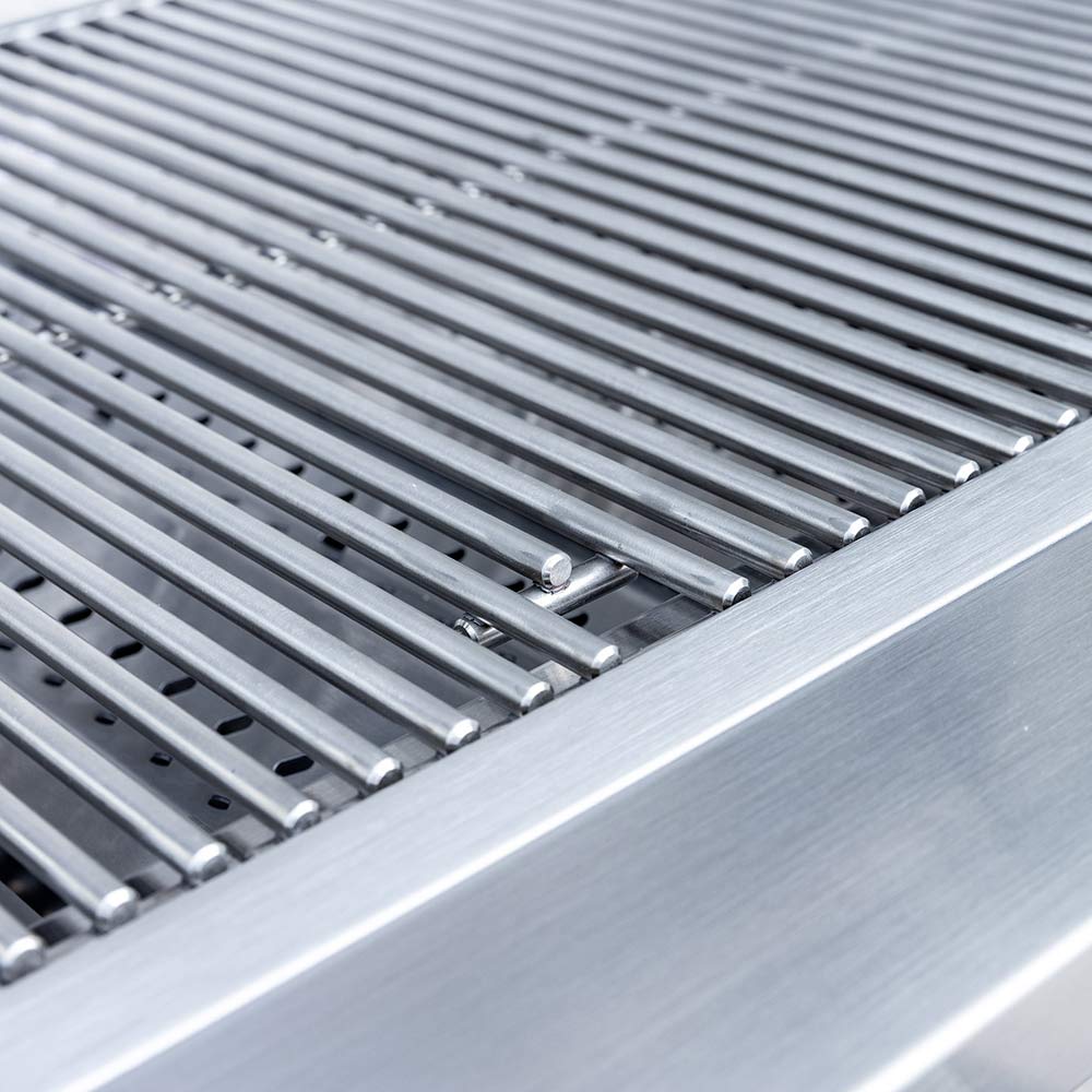Corner section of stainless grill grates with crossover bars and slot openings