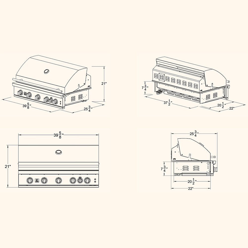 40-inch built-in gas grill dimension diagram with front, side, and top views
