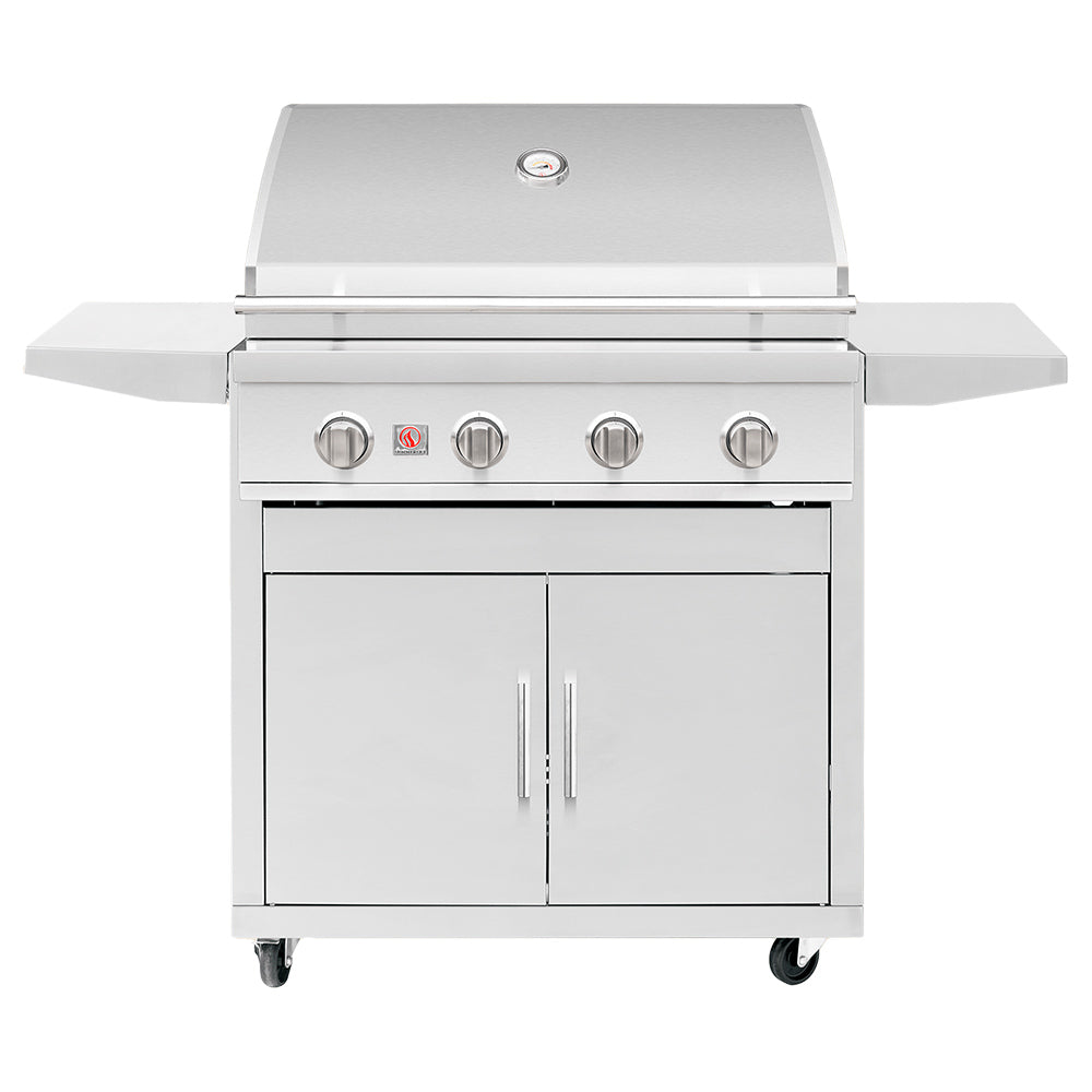 Freestanding stainless gas grill with side shelves and front control knobs