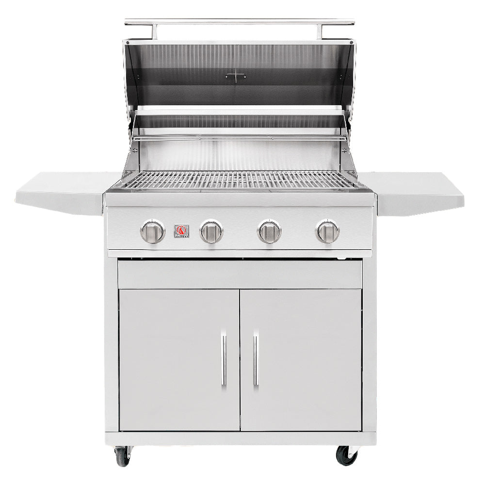Freestanding stainless gas grill with open lid, cooking grates, and front doors