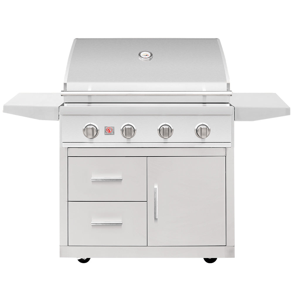 32-inch freestanding gas grill on deluxe cart with stainless control panel and side shelves