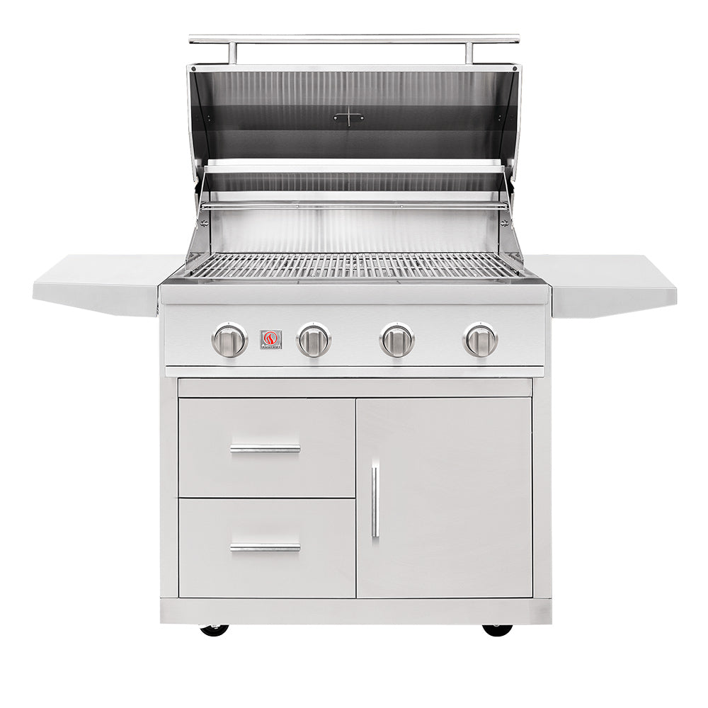 Freestanding gas grill with lid open, stainless grates and control knobs on deluxe cart