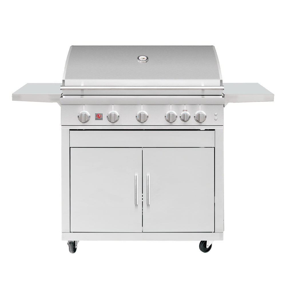 Freestanding gas grill with stainless lid, side shelves, and front control knobs.