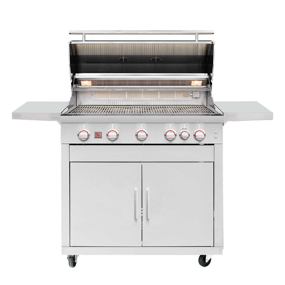 Freestanding gas grill with open hood, burners, and cooking grates exposed.