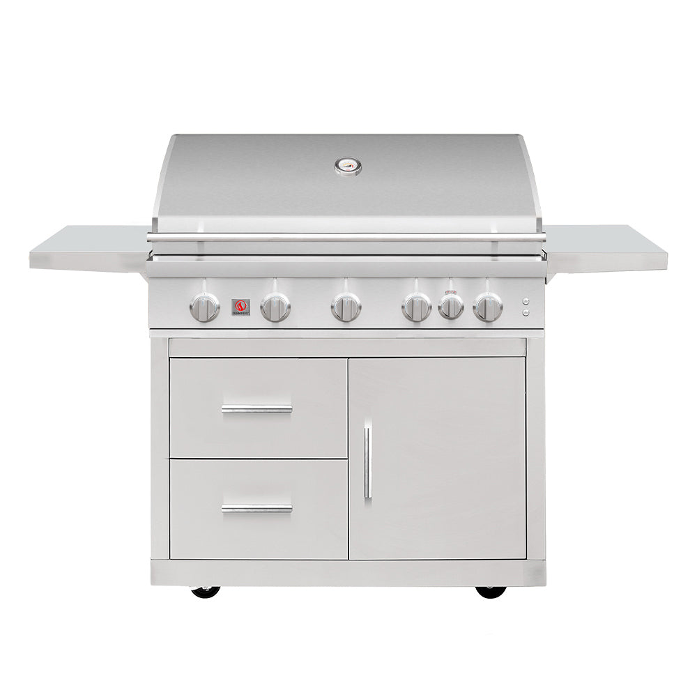 Freestanding stainless gas grill on deluxe cart with side shelves and control knobs