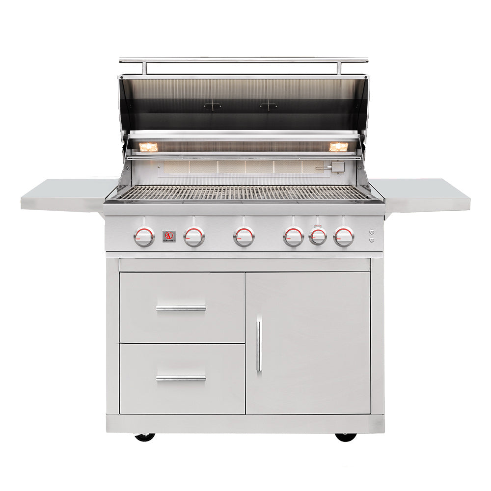 Freestanding stainless gas grill open lid showing cooking grates and control knobs