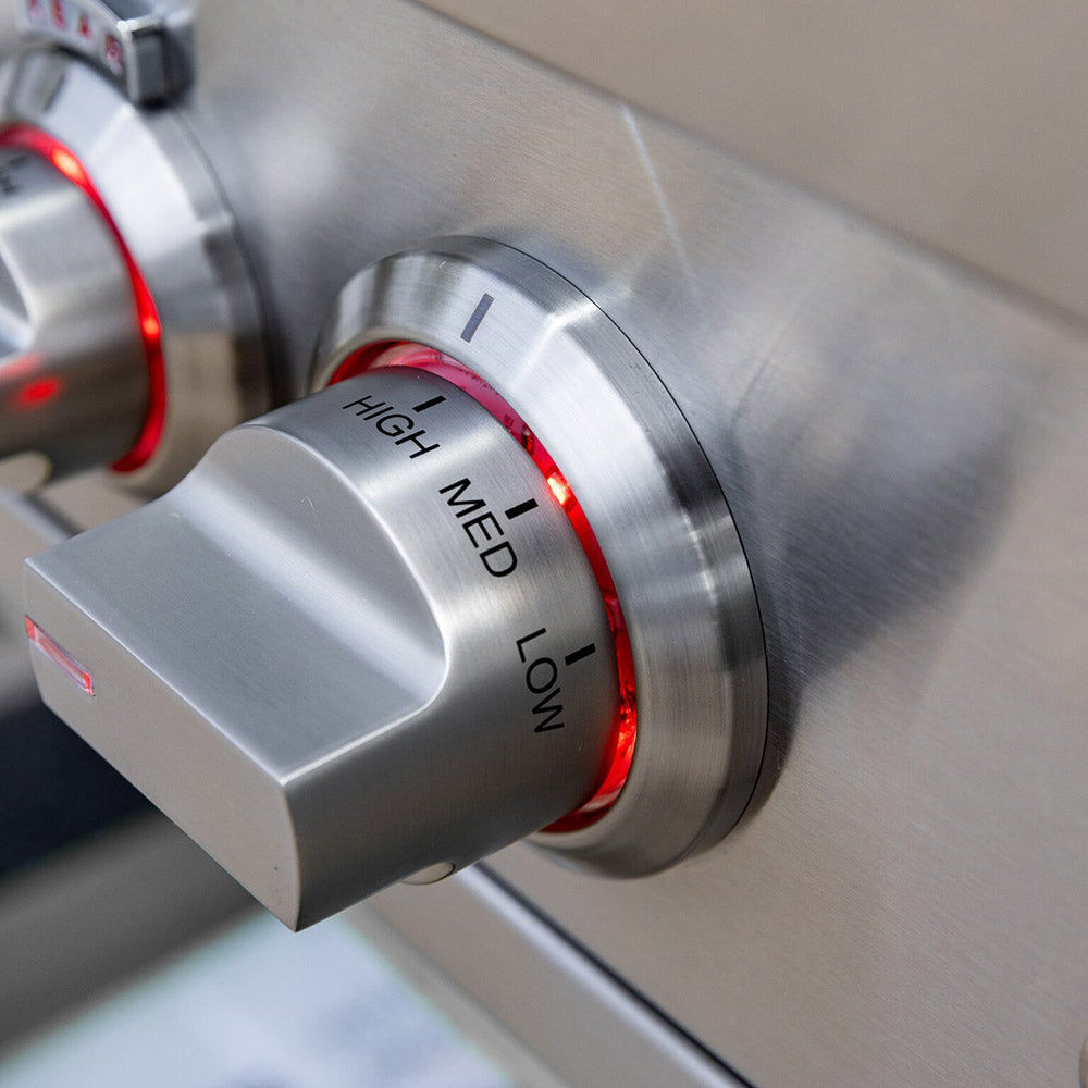 Built-in gas grill control knob with HIGH and LOW temperature markings on stainless panel