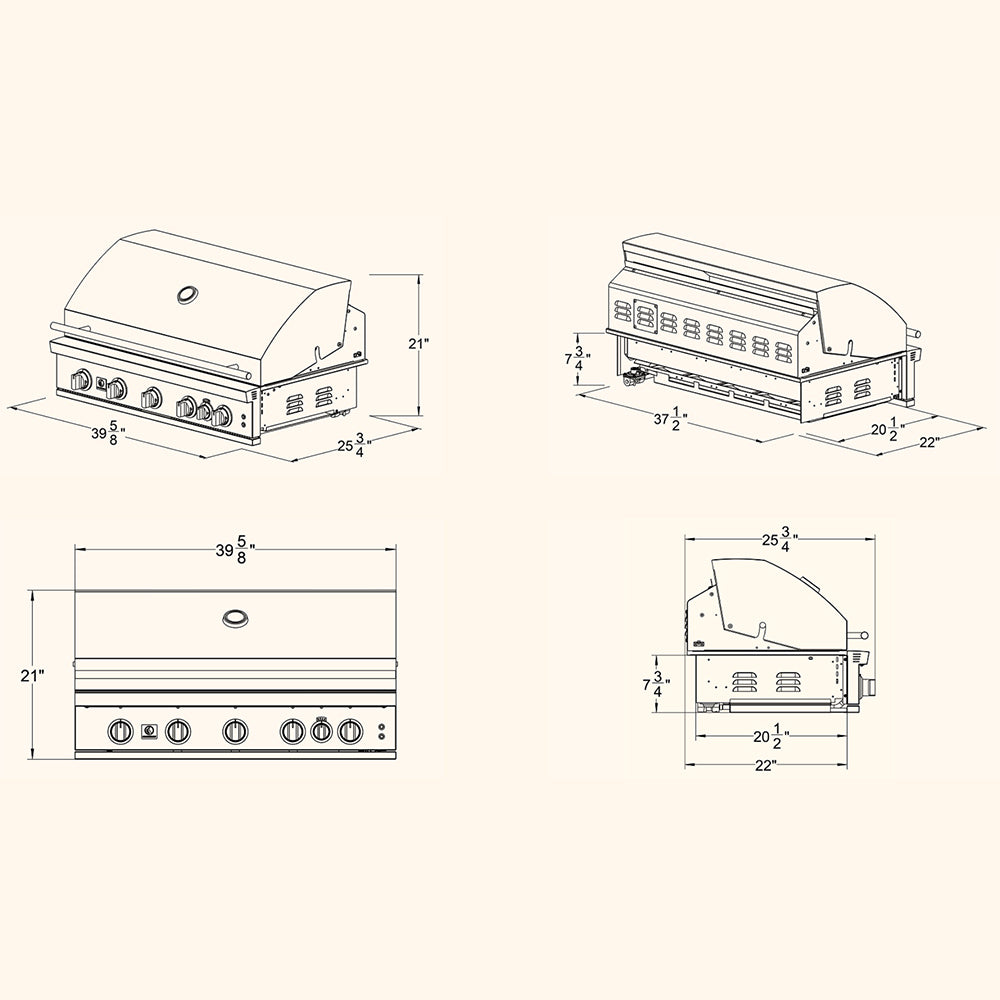 40-inch built-in gas grill dimension diagram with front, side, and top views