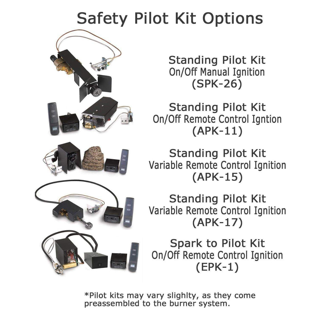 Gas fireplace safety pilot kit options diagram with multiple remote and module components
