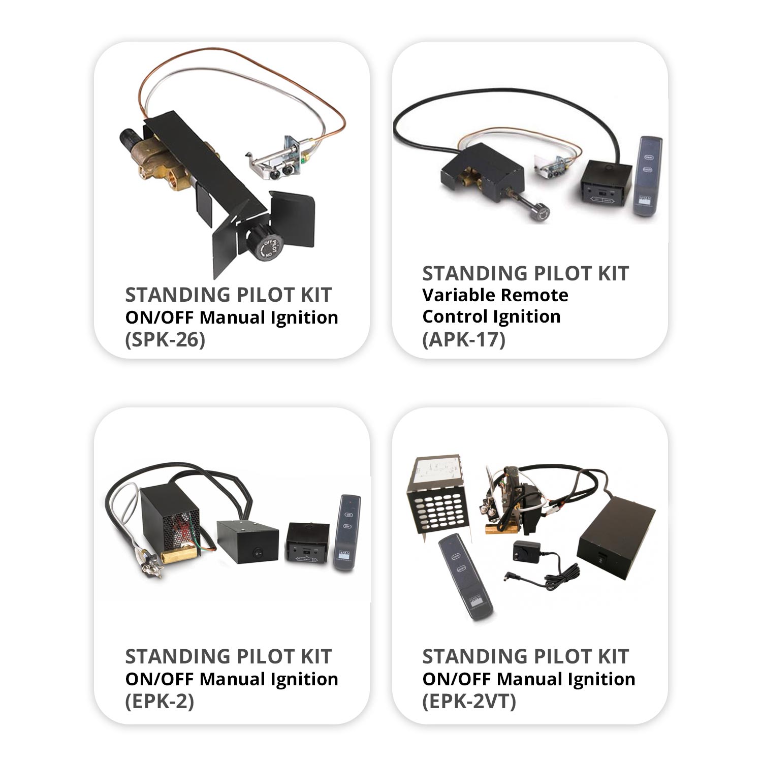 Standing pilot ignition kit components with wiring, control module, and remote devices