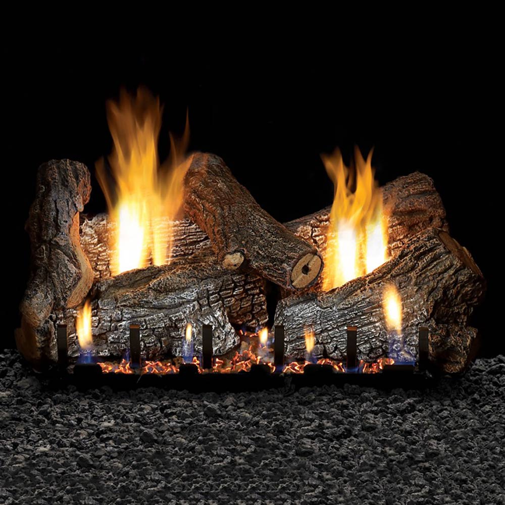 Vented refractory gas fireplace log set with flames and ember bed