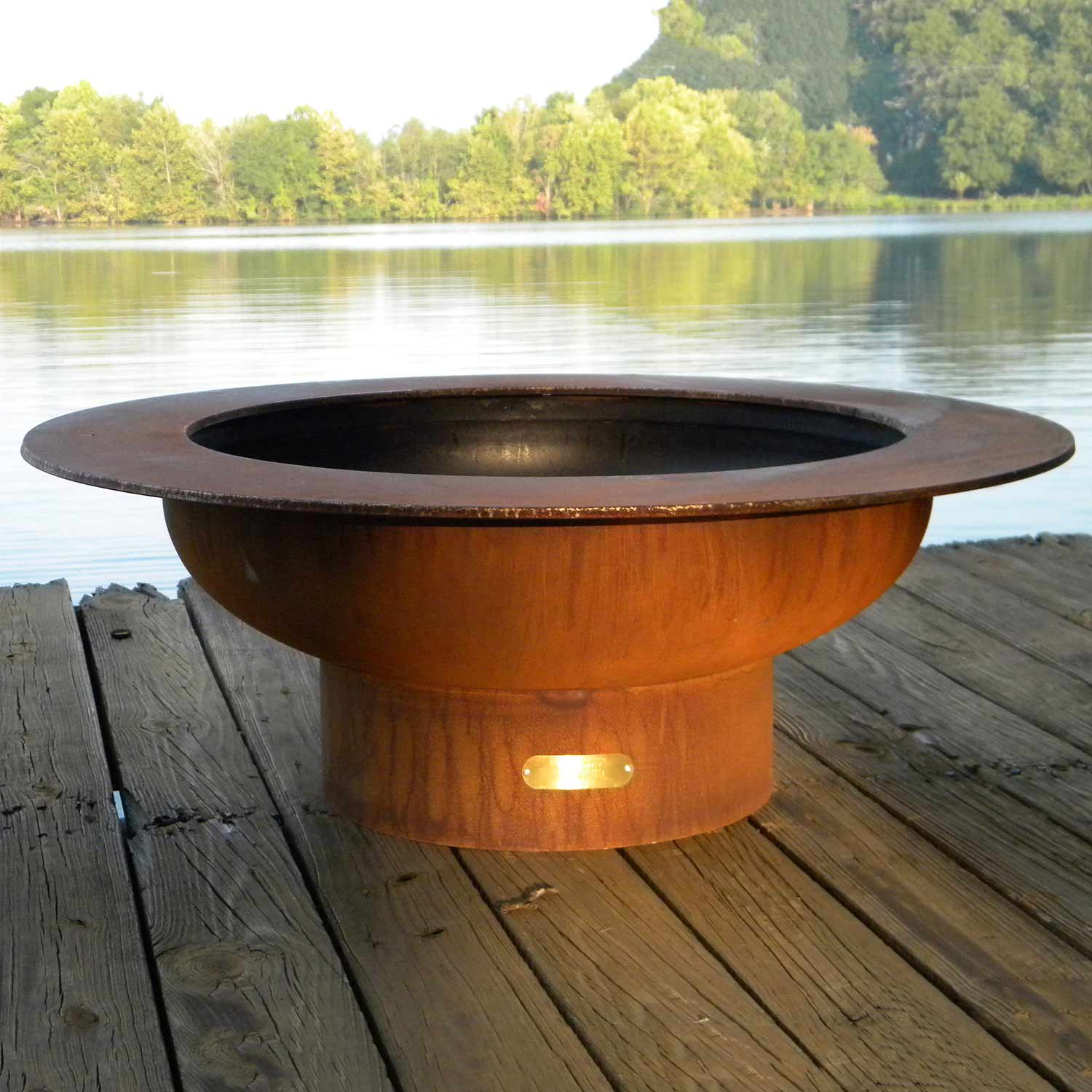 Wood fire pit with flat lid and circular black burner insert, dark brown finish