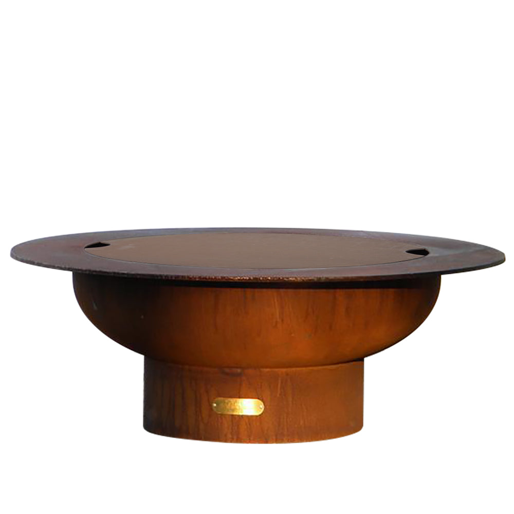 Wood fire pit with flat lid and circular burner opening, dark brown steel bowl