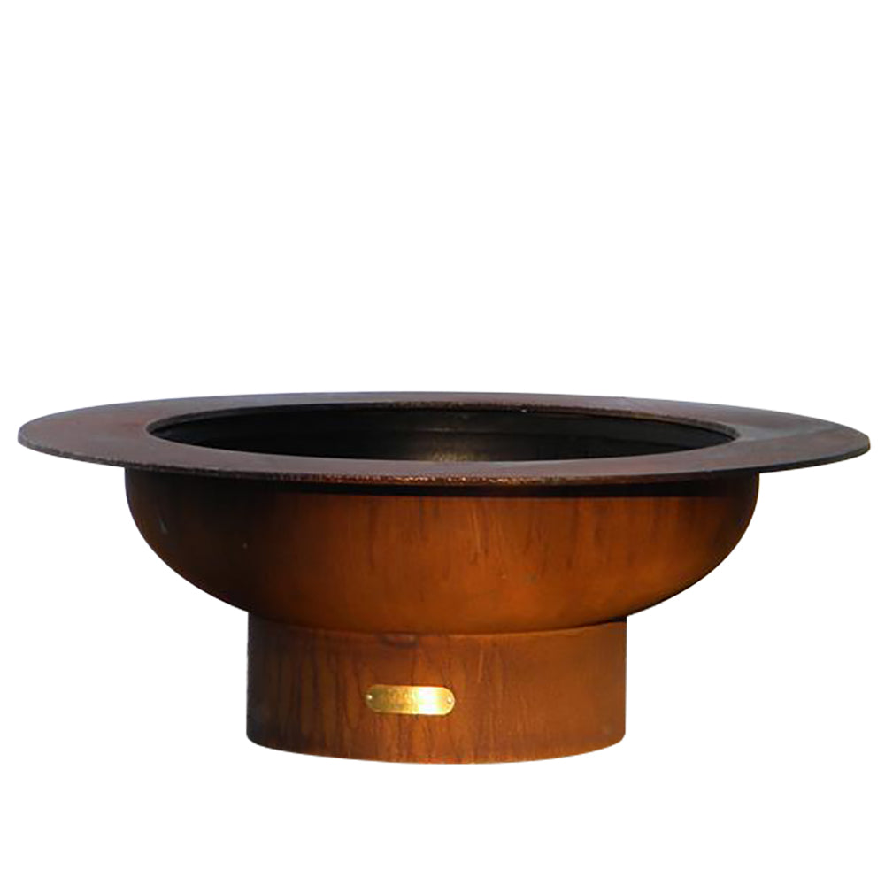 Round gas fire pit with dark rim and rust-colored base, center burner opening