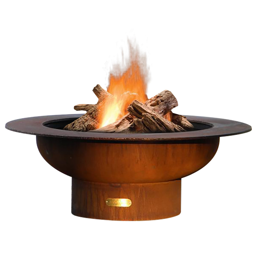 Saturn wood fire pit with circular fire bowl and glowing brass nameplate