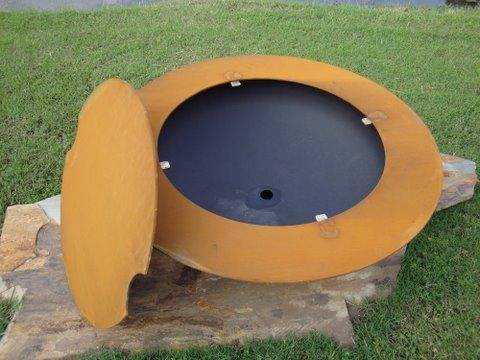 Wood fire pit with lid open and round fire bowl, rust orange finish