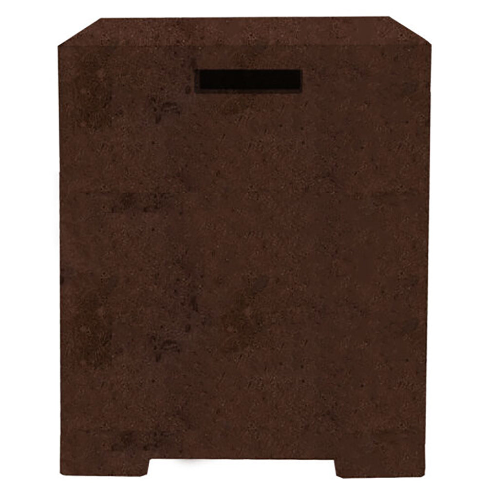 Concrete propane enclosure in cafe brown with rectangular vent opening on the front.