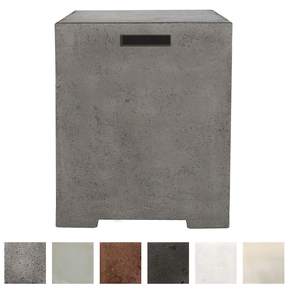 Concrete propane enclosure in dark gray with a rectangular vent opening on the front.