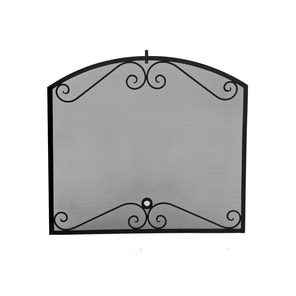 Black metal fireplace screen with gray mesh panel and scrollwork arch frame