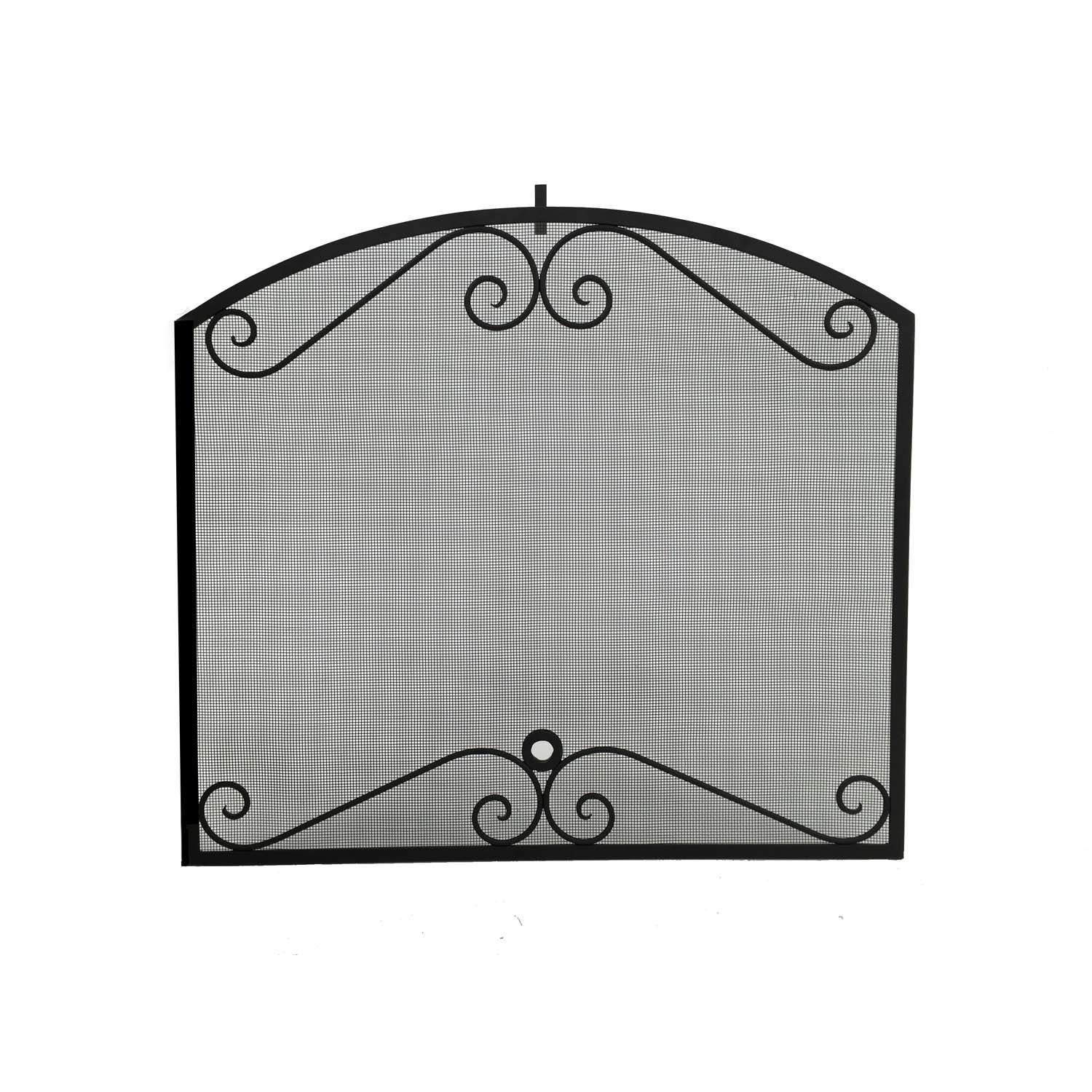 Black metal fireplace screen with gray mesh panel and scrollwork arch frame